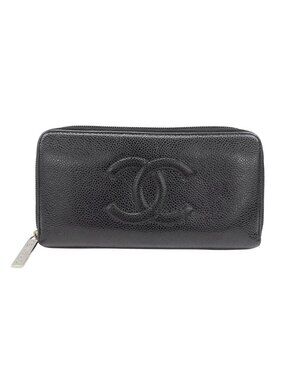 Chanel Wallet Caviar Leather Black Silver Zip Around Logo Adult